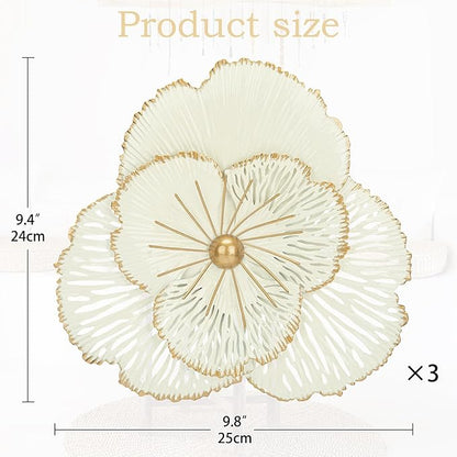 DILATATA 3 Pcs Metal Flower Wall Art Set 10 Inch Rustic Modern Floral Sculpture 3D Metal Flower Wall Hanging Accent for Indoor Living Room Bedroom Kitchen Bathroom Garden Patio Decor - White