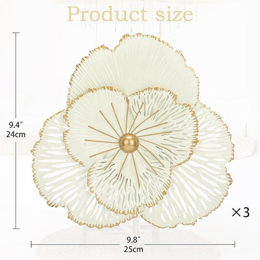 DILATATA 3 Pcs Metal Flower Wall Art Set 10 Inch Rustic Modern Floral Sculpture 3D Metal Flower Wall Hanging Accent for Indoor Living Room Bedroom Kitchen Bathroom Garden Patio Decor - White