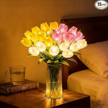 Radiant Romantic Tulip Night Light,15 PCS Twinkling Artificial Flower Shaped Ambient Night Lamp,Women LED Lighted Tulips Tree that Never Fade for Bedroom Bedside Bouquet Decor (Mixed(Without Vase))