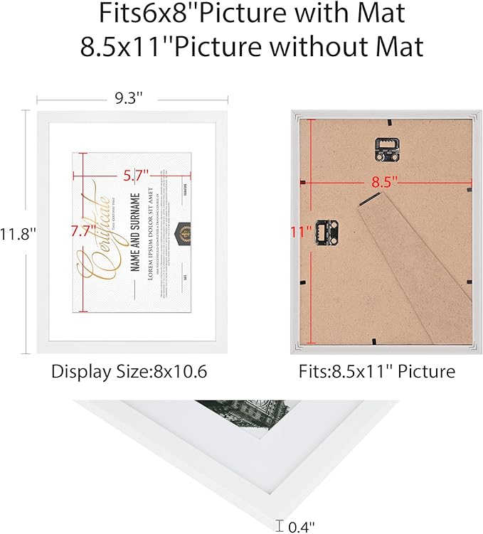 8.5x11 Picture Frame Set of 6, Certificate Document Frame, Diploma Frame, Display Pictures 6x8 with Mat or 8.5x11 Without Mat, White