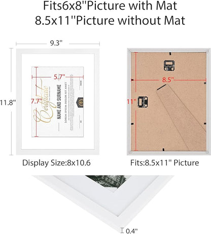 8.5x11 Picture Frame Set of 6, Certificate Document Frame, Diploma Frame, Display Pictures 6x8 with Mat or 8.5x11 Without Mat, White