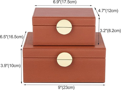 HofferRuffer Faux Leather Jewelry Boxes, Decorative Boxes Storage Accessory Organizer with Gold Hardware Decor, Classic Vegan Leather Set of 2 Pieces (Brown)