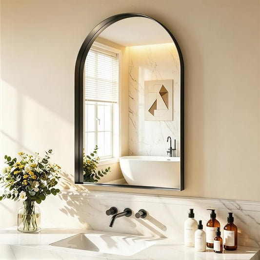 Arch Mirror for Bathroom Sink, 24"x36" Black Frame Mirror for Wall Mounted, Bathroom Mirror with HD Tempered Glass, for Living Room, Bedroom, Entry Way, Vanity