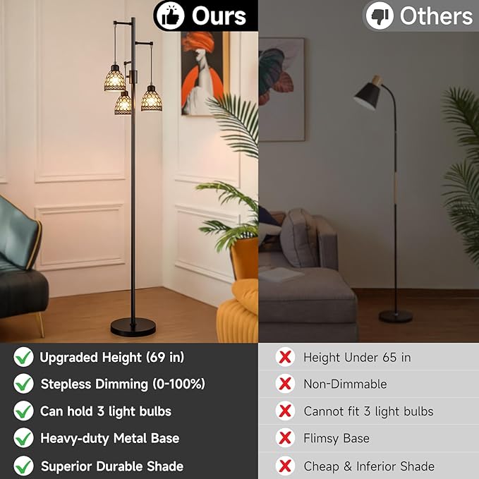 -Modern 3-Head Floor Lamp with Crystal Beads, Industrial Metal Standing Lamp Adjustable Hanging Light for Living Room-Black