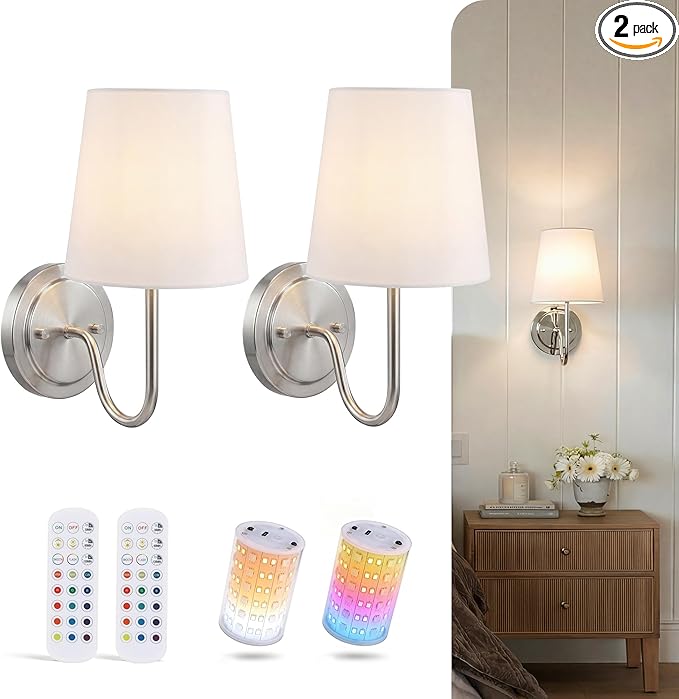 CLOUDY BAY Battery 10000mAh Operated Wall Sconces,Up to 100 Hours with Rechargeable RGB Dimmable Magnetic Bulb,Cordless Wall Lighting Fixtures with Remote for Bedroom,Brushed Nickel,2 Pack-12inch