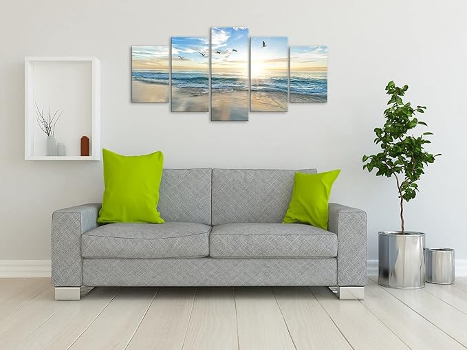 Biufo Seascape Canvas Wall Art Paintings Sunrise at Sea Print Picture Beach Ocean Artwork for Office Bedroom Living Room Wall Decor (Small)