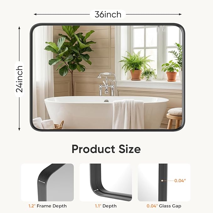 Sweetcrispy Bathroom Wall Mirror, 36x24 Inch Wall Mount Mirror for Over Sink, Modern Rounded Rectangle Vanity Mirror with Matte Metal Framed, for Home Decor, Living Room, Bedroom, Black