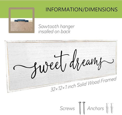 Sweet Dreams Wall Decor Above Bed Sign 32''×12'' Large Wood Framed Master Bedroom Guest Room Sweet Dreams Signs Farmhouse Rustic Wall Art Decoration (White)