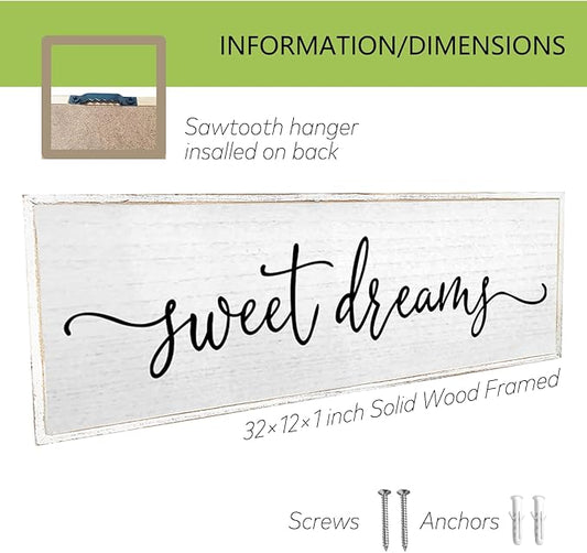 Sweet Dreams Wall Decor Above Bed Sign 32''×12'' Large Wood Framed Master Bedroom Guest Room Sweet Dreams Signs Farmhouse Rustic Wall Art Decoration (White)
