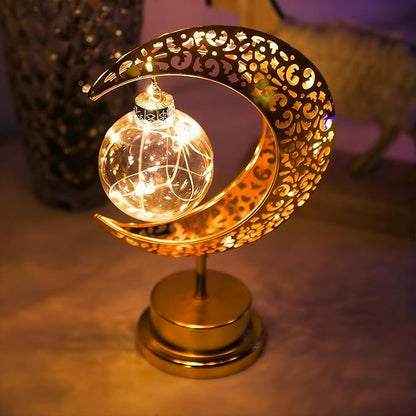 Crescent Moon Table Light with Hanging Star Ramadan Decorative Lamp Battery Operated Suitable for Home Bedroom Shop Dining Holiday Party Eid Festival Decoration (Gmoon-WW-Ball)