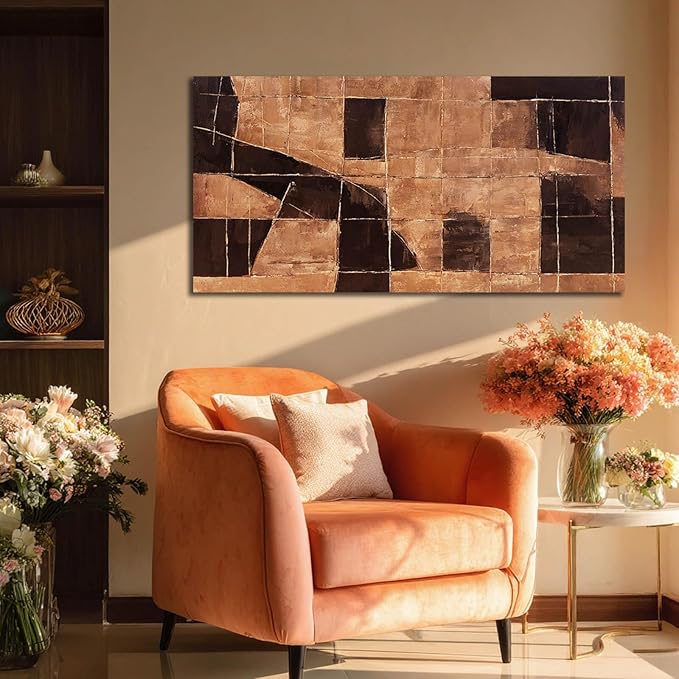LEVERUP Geometric Block Wall Artwork Gold Canvas Wall Pictures Modern Abstract Wall Decor for Living Room Office Hotel 20×40 Inch Hallway Decorations