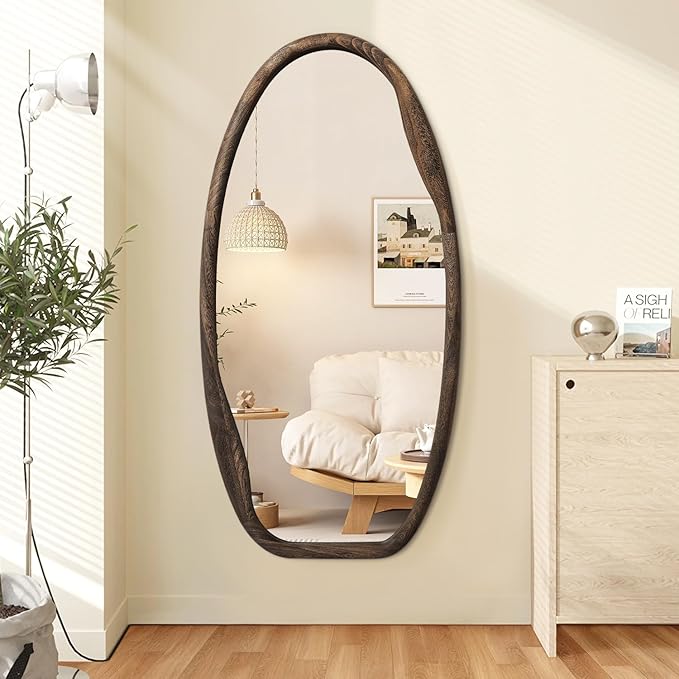 JJUUYOU Irregular Wall Mirror Asymmetrical Bathroom Mirrors for Wall 40"X20" Large Wood Framed Hanging Mirror for Living Room Bathroom Entryway Bedroom Horizontal or Vertical Dark Brown
