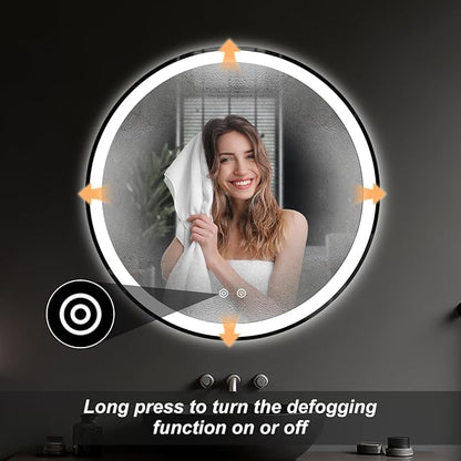 DUMOS 30 Inch Round LED Bathroom Mirror with Lights, Circle Vanity Mirror with Anti-Fog, Dimmable, 3-Color Light, Front Light and Backlit, Memory Function, Tempered Glass