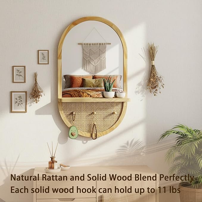 Wood Wall Mirror with Hooks, 30x18 Inch Boho Wall Mirror with Removable Shelf, Oval Solid Wood Framed, Handmade Rattan Mirror Decor Accent for Entryway, Bathroom, Nursery, Bedroom, Living Room