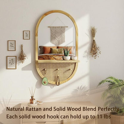 Wood Wall Mirror with Hooks, 30x18 Inch Boho Wall Mirror with Removable Shelf, Oval Solid Wood Framed, Handmade Rattan Mirror Decor Accent for Entryway, Bathroom, Nursery, Bedroom, Living Room