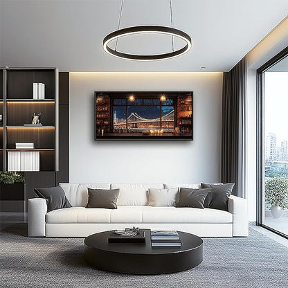 Brooklyn Bridge Large Wall Art for Living Room New York Nighttime Skyline Landscape Framed Pictures Canvas Decor City Prints Painting Extra Large Modern Artwork for Bedroom Office Kitchen 30"x60"