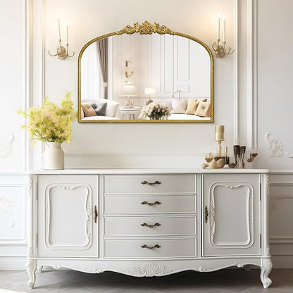WallBeyond Gold Vintage Mirror for Vanity 32x24 Inch, Gold Antique Mirror with Ornate Frame, Arched Vintage Wall for Bathroom, Living Room, Fireplace, Entryway