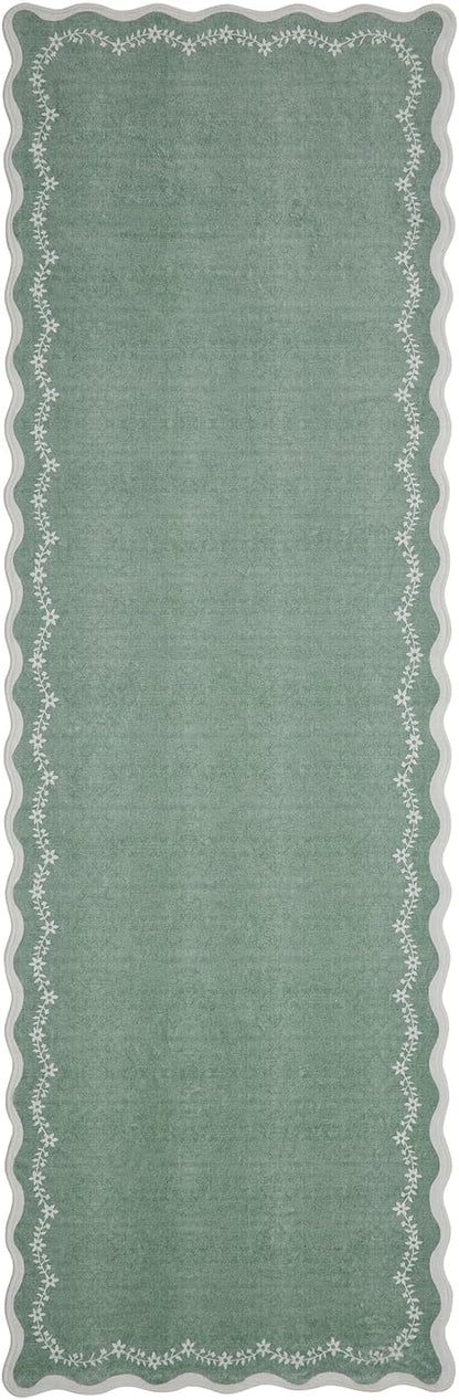 GarveeHome 2.6x10 Scalloped Washable Runner Rug for Kitchen, Soft Green Long Hallway Runner Non Slip Entryway Rug Farmhouse Thin Laundry Mat Stain Resistant Carpet for Bathroom Beside Rug