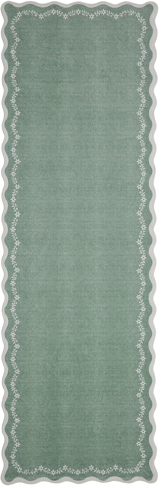 GarveeHome 2.5x8 Scalloped Washable Runner Rug for Kitchen, Soft Green Long Hallway Runner Non Slip Entryway Rug Farmhouse Thin Laundry Mat Stain Resistant Carpet for Bathroom Beside Rug