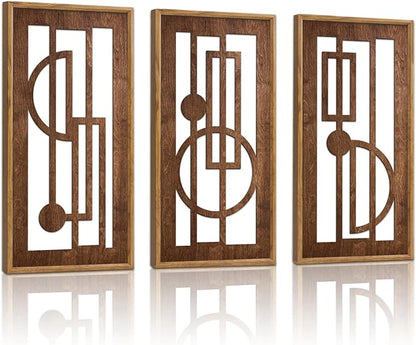 KAIRNE Abstract Geometric Wooden Wall Art Set of 3,Vintage Mid Century Rectangle Wall Sculptures,Rustic Minimalist Artwork,Boho Wood Hanging Decor for Living Room Bedroom Kitchen Office,8X16 inch