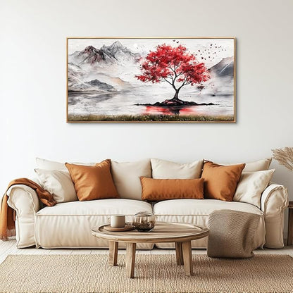 QIYILEXWART Wood Framed Large Wall Decor For Living Room Stretched And Framed Canvas Wall Art For Office Wall Decorations For Bedroom Red Tree Painting Farmhouse Pictures Home Decor