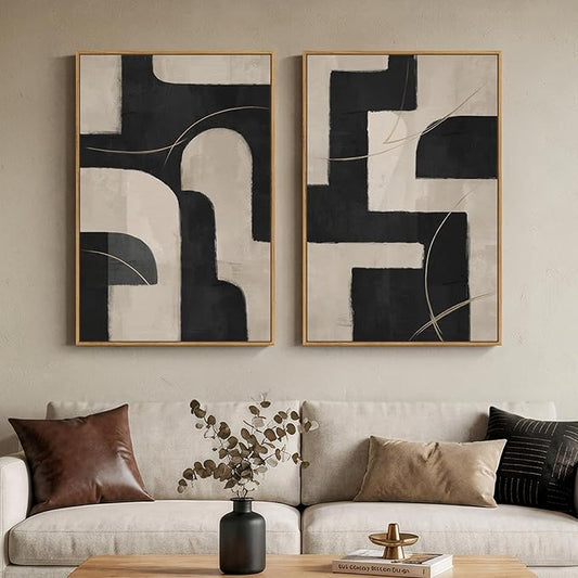 Large Framed Modern Neutral Abstract Wall Art, Set of 2 Minimalist Black and Beige Canvas Prints Paintings Artwork for Walls, Geometric Pictures for Living Room Hallway Bedroom Wall Decor 24x36 In