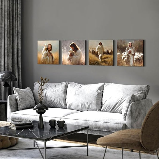 Jesus and Lamb Wall Art Set of 4 Christian Wall Decor Running After Lost Lamb Pictures Canvas Prints Vintage Jesus Theme Paintings Christ The Good Shepherd Artwork Home Decorations 12x12”