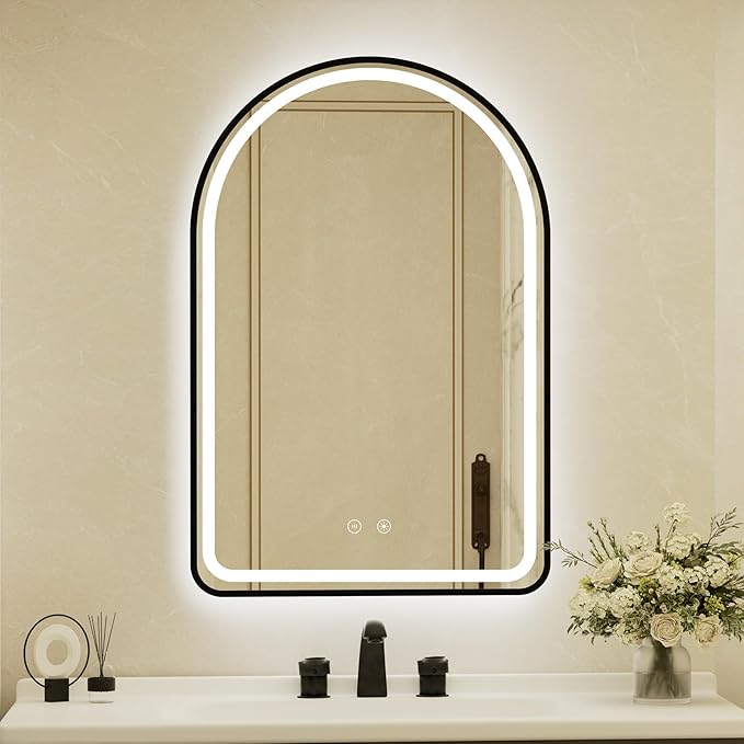 26x40 Inch Arched Black Aluminum Frame LED Bathroom Mirror with Lights, Lighted Vanity Mirror for Wall,Tempered Glass,Anti-Fog, Stepless Dimmable, 3 Color Temperature Vanity Mirror