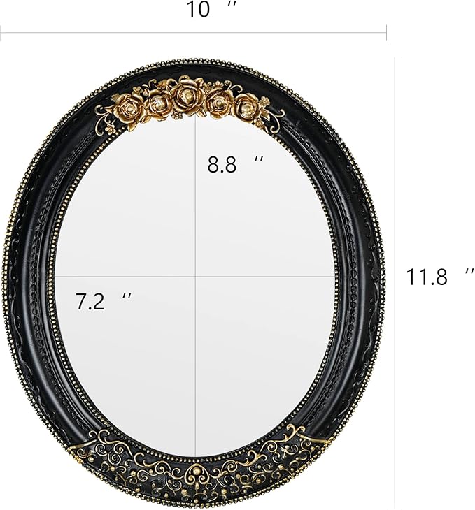 Oval Resin Vintage Mirror, Wall Mounted Decorative Mirror for Entryway, Hallway, Bedroom Oval Mirror 11.8x10 inch (Black)