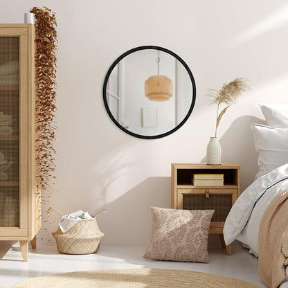 JJUUYOU Large Circle Wall Mirror 24 Inch for Home Decor Round Mirror for Bathroom Black Wall Mounted Wood Frame Mirrors for Living Room Bedroom Washroom Dorm