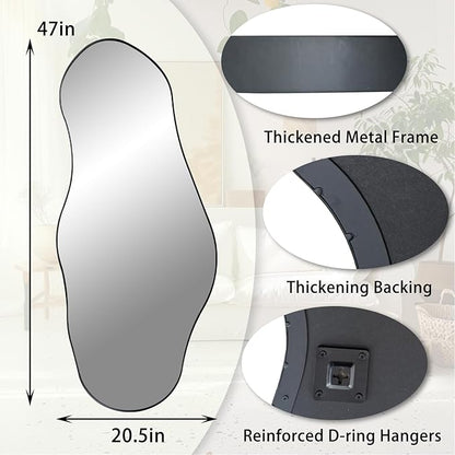 Irregular Mirror, 47"x20.5" Asymmetrical Mirrors with Metal Frame, Modern Abstract Wall Mirror for Living Room Bathroom Bedroom Hallway Entryway, Hangs Vertically or Horizontally