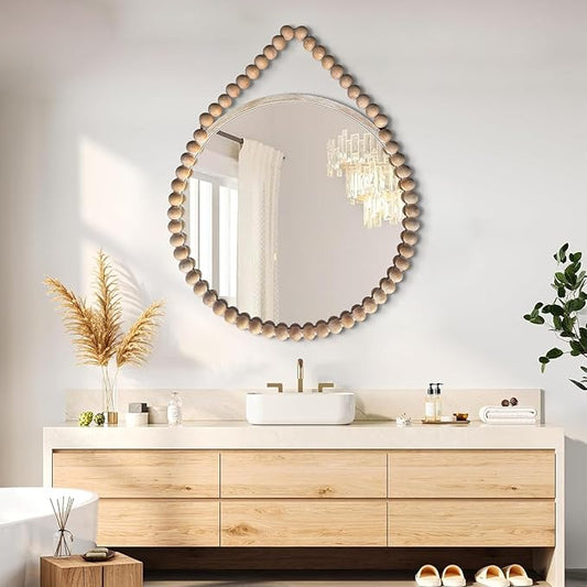 POZINO Wood Round Mirror, 28" Rustic Farmhouse Wall Hanging Mirror with Wooden Beaded Frame, Boho Circle Mirror for Bathroom Bedroom Living Room Hallway Entryway Fireplace