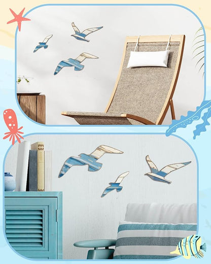 Putuo Decor 3pcs Wood Nautical Decor Seagull Wall Decor Nautical Coastal Theme Wall Art Adhesive Seagull Wall Sculpture Sea Birds Lake House Ocean Decoration Vintage Ornaments For Home Bathroom