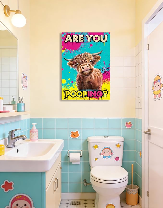 Funny Highland Cow Bathroom Canvas Wall Art Prints, Are You Pooping Sign, Colorful Pop Art Toilet Poster for Washroom, Graffiti Humorous Restroom Wall Decor, 16x24 Inch Framed Painting Ready to Hang