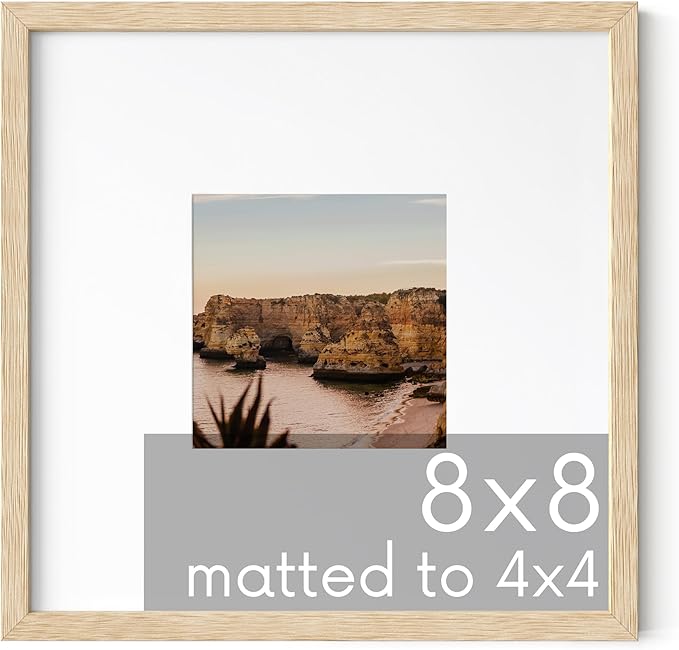 HAUS AND HUES Beige Oak Wood 8x8 Picture Frame Matted to 4x4 - Square Frame with Plexiglass, Modern Wall or Tabletop Frame (8x8 in, Beige, Set of 1)
