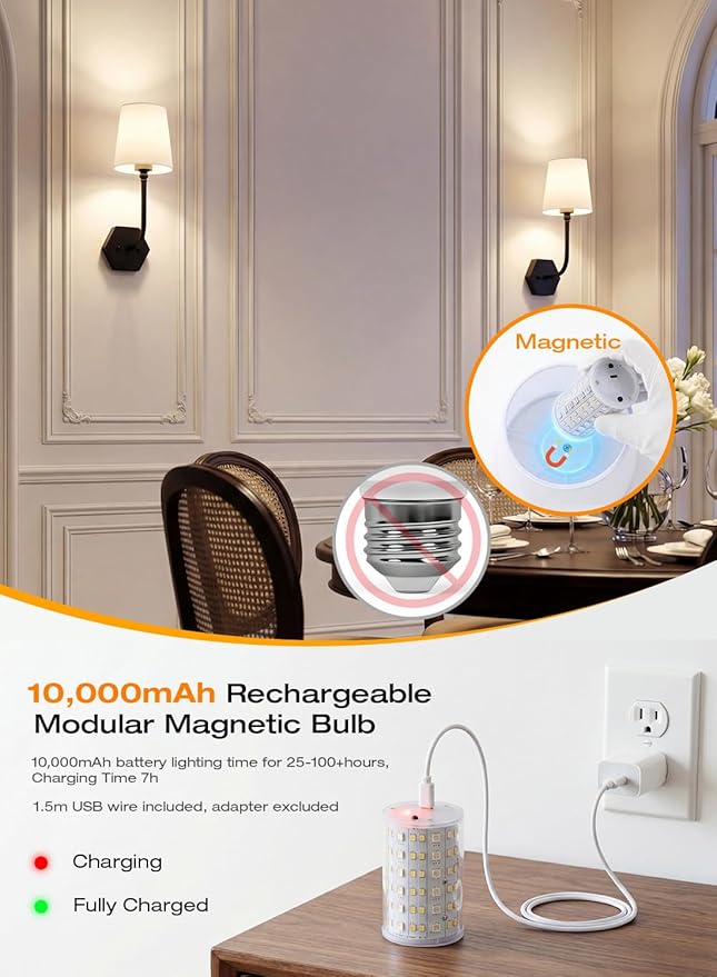 CLOUDY BAY 10000mAh Battery Operated Wall Sconces,Up to 100 Hours with Rechargeable RGB Dimmable Magnetic Bulb,Cordless Wall Lighting Fixtures with Remote for Bedroom,Black,2 Pack-17.9in