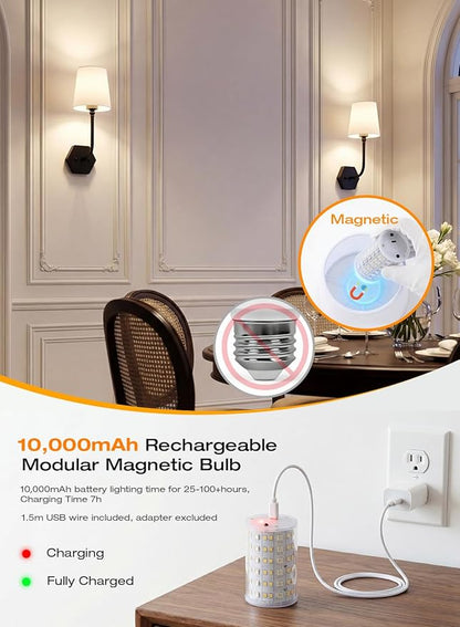 CLOUDY BAY 10000mAh Battery Operated Wall Sconces,Up to 100 Hours with Rechargeable RGB Dimmable Magnetic Bulb,Cordless Wall Lighting Fixtures with Remote for Bedroom,Black,2 Pack-17.9in