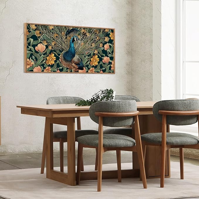 HLNIUC Boho Peacock Framed Canvas Wall Art,Vintage Animal Feather Wall Decor,Large Green Gold Botanical Floral Artwork Set of 3(24x36),Modern Nature Blossom Prints for Living Room,Bedroom,Office