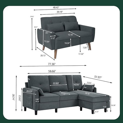 Convertible Sectional Couch Set, 77" L Shaped Sofa with Ottoman and 48" Loveseat, Modern Couches for Living Room, Apartment and Office, Dark Grey