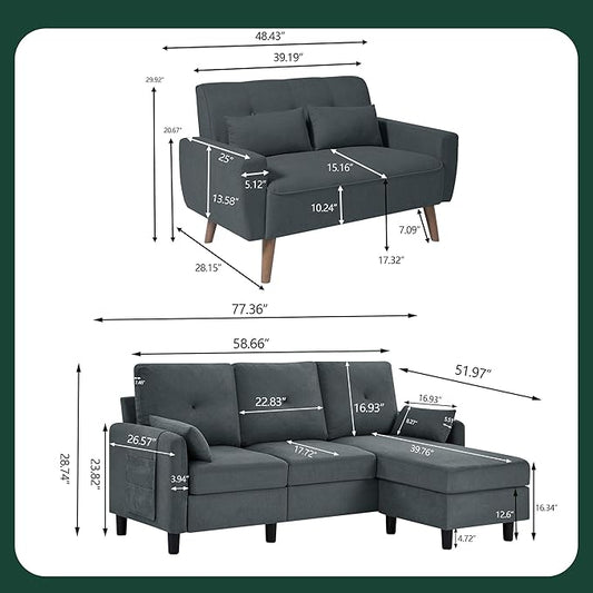 Convertible Sectional Couch Set, 77" L Shaped Sofa with Ottoman and 48" Loveseat, Modern Couches for Living Room, Apartment and Office, Dark Grey