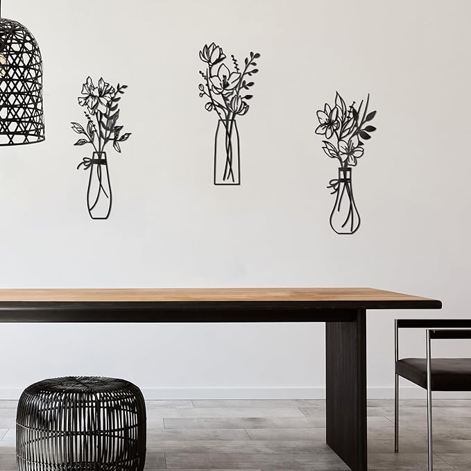 Zzbakress 3 Pcs Metal Flowers Wall Arts Rustic Farmhouse Decor Bathroom Wall Decor Metal Wall Decor for Living-room Dining-Room Kitchen Minimalist Decor Housewarming Gifts(Black)