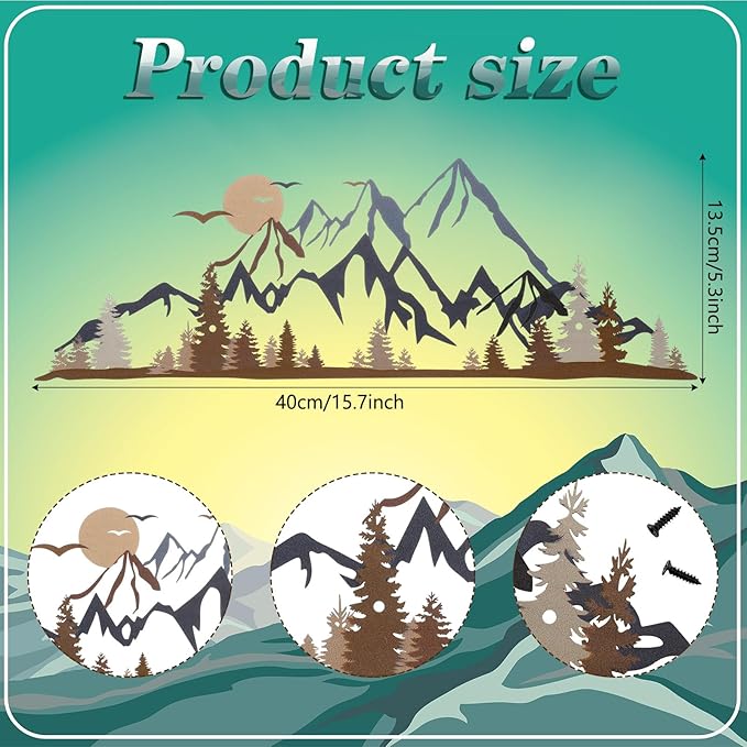 Demissle Metal Mountain Wall Art Blue Ridge Mountain Wall Decor Nature Forest Tree Sticker 15.7 x 5.3 Inch Summit Rustic Sign Scene Art Decor for Home Living Room Bedroom Indoor Outdoor(Colorful)