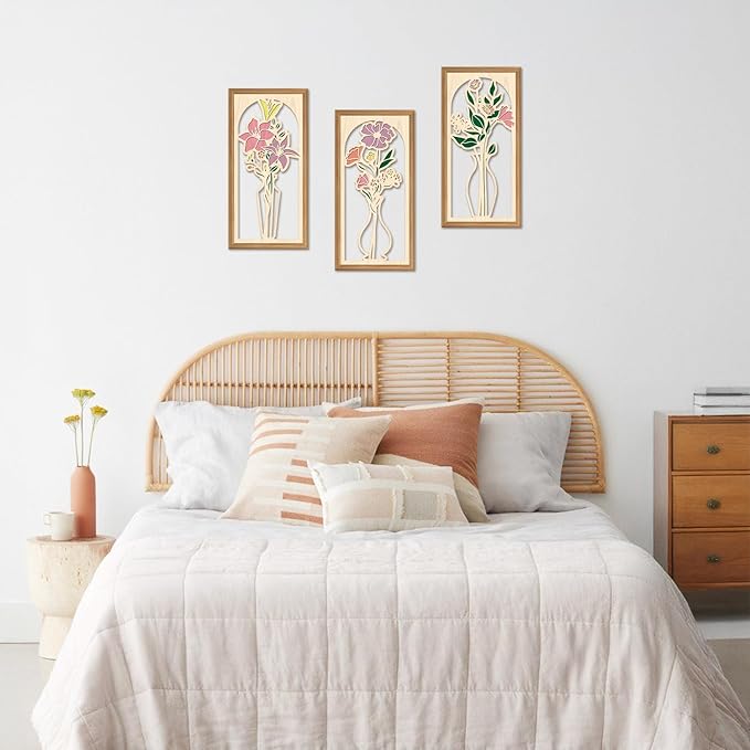 IARTTOP 3 Pcs Boho Flower Vase Wooden Wall Decor Bathroom Floral Farmhouse Decor Botanical Wood Wall Art Spring Flower Artwork for Living Room Bedroom Housewarming Gifts 7.9 x15.8 Inch