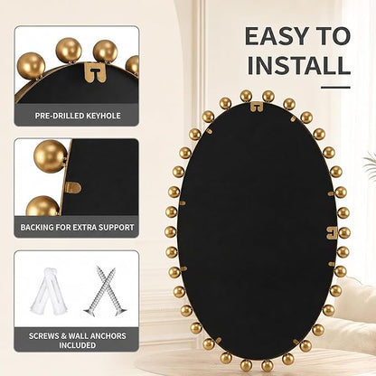 24"x36"Oval Wall Mounted Bathroom Mirror with Beveled Glass, Antique Gold Beaded Ball Frame, Vertical & Horizontal Hanging Vanity Wall Mirror for Bathroom, Bedroom, Entryway, Dressing Room