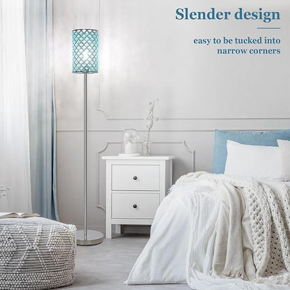 Floor Lamp for Living Room, Crystal Floor Lamp Girl Bedroom Lights, Silver Standing Lamps with Teal Shade, Elegant Standing Light Tall Pole Lamp for Bedroom, Dresser, Office (E26 Base)