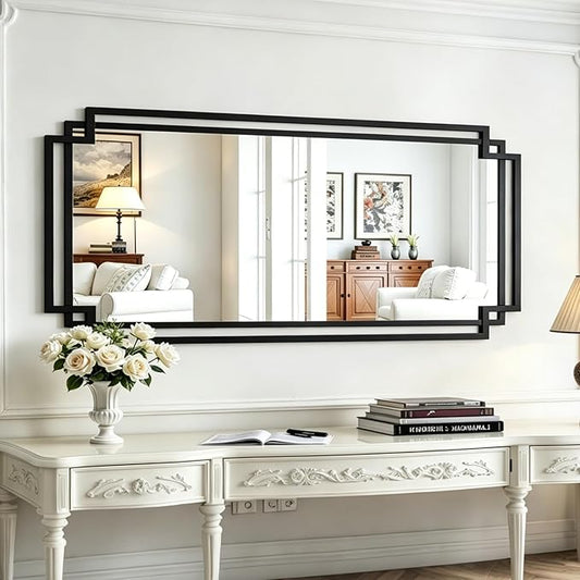 30" x 59" Large Wall Mirror for Decor, Black Decorative Mirror with Irregular and Rectangular Metal Frame, Black Large Bathroom Mirror Above Sink, Hang Vertically or Horizontally