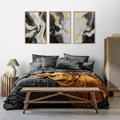 HLNIUC Abstract Minmalist Wall Art,Flow Marble Wall Art,Black White Gold Artwork,Modern Neutral Framed Decor Textured,Luxury Artwork Canvas,Marble Line Prints for Living Room Bedroom Office16x24x3