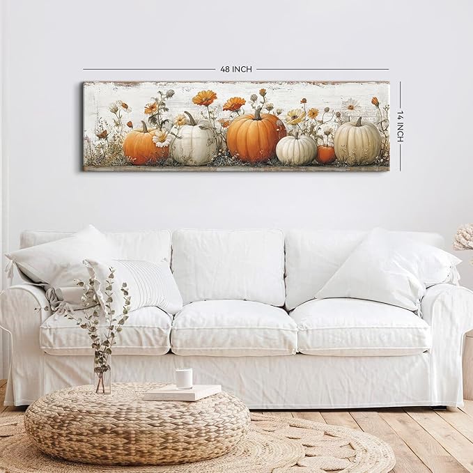 Large Pumpkin Wall Art Fall Wall Decor Farmhouse Kitchen Pictures Wall Decor Autumn Pumpkins Leaves Canvas Prints Painting Rustic Botanical Poster Artwork for Bedroom Living Room Decoration 14x48”