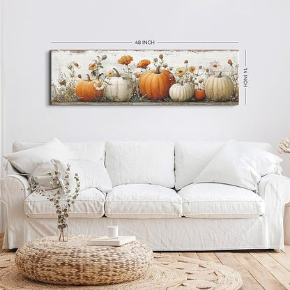 Large Pumpkin Wall Art Fall Wall Decor Farmhouse Kitchen Pictures Wall Decor Autumn Pumpkins Leaves Canvas Prints Painting Rustic Botanical Poster Artwork for Bedroom Living Room Decoration 14x48”