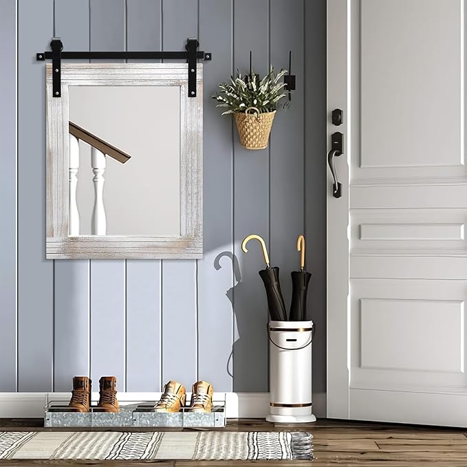 AAZZKANG Wall Mirrors Rustic Barn Door Mirror Large 26"x18" with Wood Framed Rectangle Decorative for Bedroom Bathroom Living Room Entryway Home Decor White